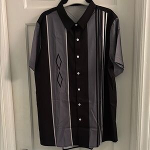 Men's Vintage Black and Gray Striped Bowling Shirt